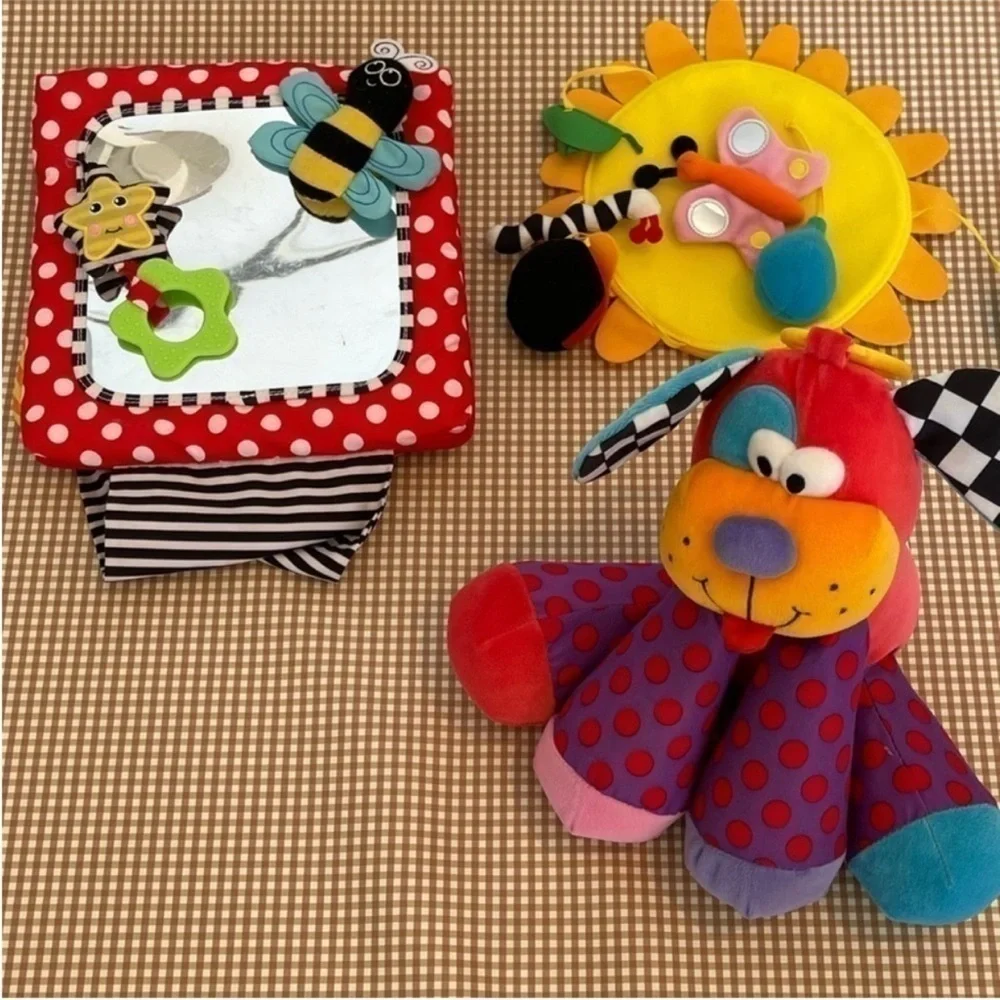 Tummy‎ time mirror/Lamaze puppy squeaker/ IKEA colorful mobile